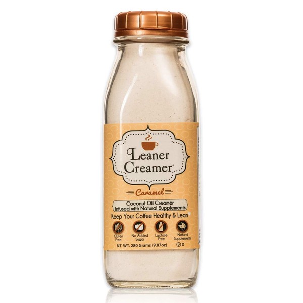 Leaner Creamer Creamy Caramel Coffee Creamer Powder 9.87oz. Perfect Coconut Oil Non-Dairy Caramel Powder To Naturally Cream and Sweeten Coffee, Smoothies, Protein Shakes & More! Ideal Flavoring For All Diets