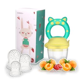 Chupones/Chupetes Ergonómicos para Frutas, Papillas y Cereales con Seguro y Tapa Protectora Libre de BPA, Dibujos Animados, Unisex de 4m+ (Pig Verde Amarillo)