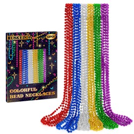 12 PCS Mardi Gras Beads Necklaces, 33" Metallic 6 Kinds Color Beaded Stuff Set, Festival Parade Throws, Colorful Assorted Carnival Costume Accessories for Christmas Parade Party Favors Decorations