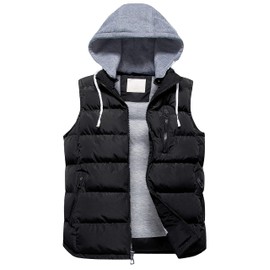 CREATMO US Men's Casual Padded Vest Coats Outdoor Heavy Duty Hooded Vest Sleeveless Jacket Black XL