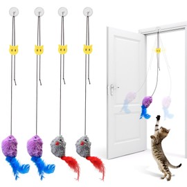 Gaomoeny Pack of 4 Cat Toys Self-Employment Door Frame, Hanging Interactive Cat Toy Mouse Elastic Feather with Squeaky Sound, Cat Toys for Running and Boredom