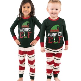 Lazy One Matching Family Christmas Pajamas, Elf Matching Christmas PJs for Family, Adult Tees & Pants Separates (Naughtiest Elf,2T)