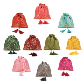 LONGING TO BUY Decorative Gift Pouches, Gold Paisley Pattern in Assorted Colors, Drawstring Potli Bags (10)