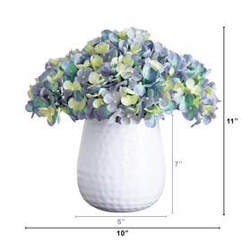 Nearly Natural 11-in Artificial Hydrangea Flower Arrangement in Decorative White Metal Vase, Blue Faux Hydrangeas with Lifelike Petals for Tabletop, Desk, Centerpiece, or Shelves