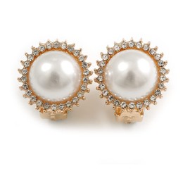 17mm D/Classic Faux Pearl Clear Crystal Button Shape Clip On Earrings in Gold Tone