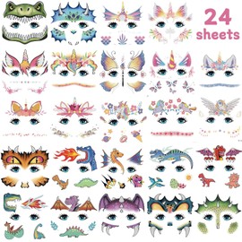 EMOME 24 Sheets Face Tattoos for Kids, Dinosaur Mermaid Butterfly Face Paint for Boys Girls Makeup Decorations Animal Tattoos for Party Bag Filler Birthday Party Supplies Favors