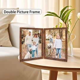 8x10 Double Picture Frames Vertical Hinged Wood Bifold Photo Frame for Tabletop Display, Brown