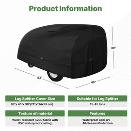 Cartist Log Splitter Cover Waterproof (94.5"L X 49.6"W X 41.7"H) Suitable for 15-45 ton log splitter cover All Weather Protection Resistant to rain,snow,wind,UV wood splitter cover- black