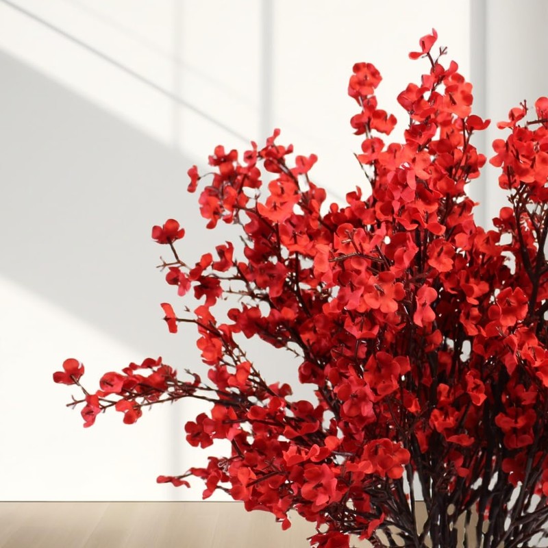 10 Pcs Baby's Breath Artificial Flowers, Red Silk Flowers Gypsophila,