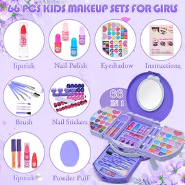 Kids Makeup Sets for Girls - 66 PCS Makeup for Kids With Dresser Vanity Case, Washable and Safe Girls Makeup Sets Ages 3-12, Christmas Birthday Gifts Toys for 4 5 6 7 8 9 Year Old Girl(Purple)