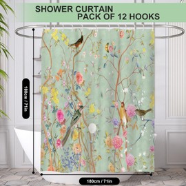 Minicoco Shower Curtain Mould Proof Resistant Wet Room Shower Curtain 100% Polyester Waterproof Bathroom Curtains Floral Shower Curtain Scenery with 12 Hooks, 180 x 180 cm (Butterfly Bird Flower)