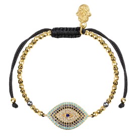 KARMA AND LUCK - Pulsera con Símbolo de Mal de Ojo y Piedras Preciosas de Hematita Hecha a Mano en el Sudeste Asiático. Pulsera Ajustable de 13.5 cm a 19 cm. Listo para Regalar para Ella (Regalo Envuelto) (Dorada)