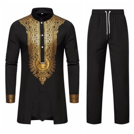 UNINUKOO African Dashiki for Men 2 Piece Sets Traditional Gold Print Shirts and Pants Suit Outfit US Size M A-Black