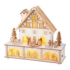 Lumineo LED Wood House with Train Scene, 9.57" Tall, Warm White LEDs