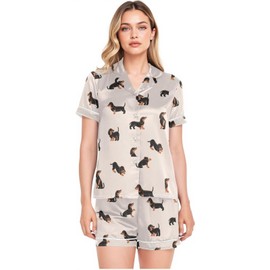 QUGRL Womens Silk Satin Pajamas Short Sleeve Loungewear Happy Dachshund Dogs 2 Piece Sleepwear Button Down Pj Set Cartoon Cute Lounge Matching Sets Large