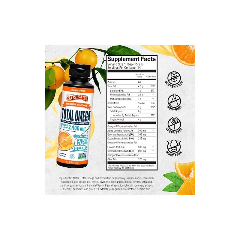 Barlean’s Seriously Delicious Total Omega, Orange Crème, 8-oz