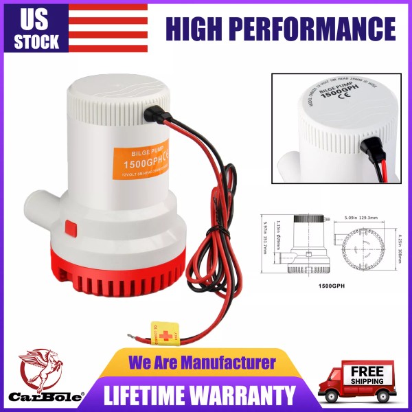 CarBole Submersible 1500GPH 12V Marine Plumbing Electric Bilge Pump Water