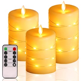 Flameless Candles,Battery Operated Candles,LED Candles.Battery Candles with String Lights.Flickering Candles with Remote and Timer.for Seasonal and Festival Celebration’s Candles Set of 3.