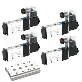 KZU 4PCS Solenoid Valve 4V210-08 DC 24V, Aluminum Alloy Air Pneumatic Control Valve Set with Base PC Quick Connect Muffler, 2 Position 5 Way Connection Type 1/4"PT Inlet Outlet IP65
