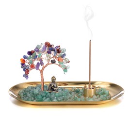 GEHECRST Incense Stick Holder 7 Chakra Edek Stone Tree of Life Decoration with Buddha Figure Money Tree Lucky Charm Feng Shui Decoration for Wealth Happiness Health (7 Chakra)