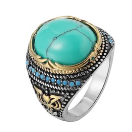 HIJONES Men's Retro Royal Oval Turquoise Stone Wedding Ring Stainless Steel, Stainless Steel, Cubic Zirconia