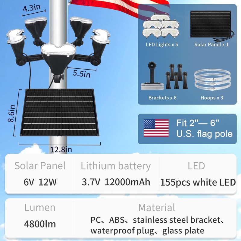 Gakigond Flag Pole Light Solar Powered，12000mAh，5-in-1Brightest LED Flagpole Lights for