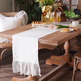 ARTMAGIC White Cotton Linen Table Runner Embroidery Leaf Pattern Lace French Country Rectangle Dresser Scarf Washable Farmhouse Decor for Home Holiday Party (White, 13"x48", Table Runner)