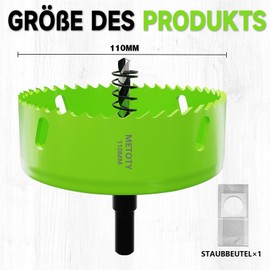 METOTY 110 mm Bi-Metal Hole Saw, Universal HSS M42 Hole Saws, with Triangular Shank Adapter and Pilot Drill, A Free Dust Bag for Aluminium, Metals, Plastics, Acrylic Glass, Wood, Plasterboard