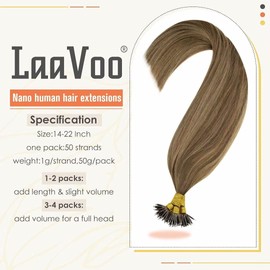 LaaVoo Nano Bead Hair Extensions Human Hair Balayage Light Brown Mix Dark Golden Blonde Nano Loop Hair Extensions Real Human Hair 22 Inch Long Straight Nano Ring Hair Extensions 1g/strand 50g