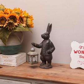 NIKKY HOME Easter Bunny Decorations, Vintage Resin Bunny Figurine with Lantern, Metal Rabbit Tealight Candle Lantern Holder Rabbit Outdoor Statues Gift for Garden Home