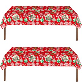 Wentsent 2 Pack Christmas Tablecloth, 137x274cm Large Plastic Rectangle Red Candy Lollipop Party Table Covers Xmas Dinner Tablecovers for Winter Holiday Christmas Tableware Decorations