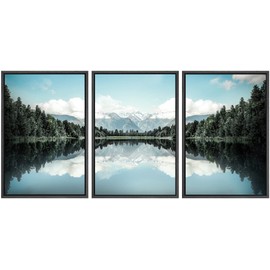 SIGNWIN Framed Canvas Print Wall Art Set Blue Pine Tree Forest Lake Reflection Nature Wilderness Photography Realism Decorative Scenic Rustic Chic for Living Room, Bedroom, Office - 24"x36"x3 Black