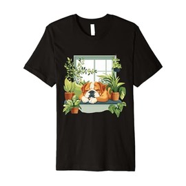 English Bulldog Sleeping Tropical Indoor Plants Cute Dog Premium T-Shirt