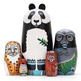 NEPOG Nesting Dolls for Kids, Panda Orangutan Leopard Monkey Squirrel Handmade Stacking Wooden Matryoshka Dolls, 5 Piece Matryoshka Russian Dolls for Girls Boys Birthday or Home Decoration