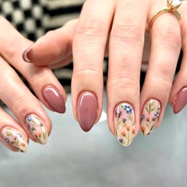 Flower Press on Nails Short Almond False Nails Glossy Full Cover Spring Summer Design Glue on Nail Pink Acrylic Fake Nail Reusable for Women