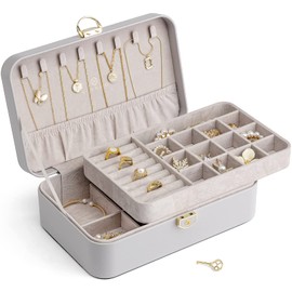 Vlando Jewelry Boxes for Women,2 Layers Jewelry Box with Lock,Birthday Christmas Gifts for Women Girls,Jewelry Organizers for Earrings Necklace,Rings Storage Grey