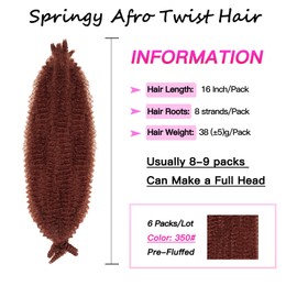 FFDDear 6 Packs Copper Red Pre-Separated Springy Afro Twist Hair 16 Inch Spring Twist Hair Marley Twist Crochet Braiding Hair for Soft Locs Hair Synthetic Hair Extensions for Women (16Inch,350)