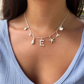 Initial Charm Necklace Beach Jewelry for Women Trendy Shell Letter Pendant Necklace Summer Beach Surfer Jewelry Gifts Boho Starfish Pearl Charms for Summer Vacation