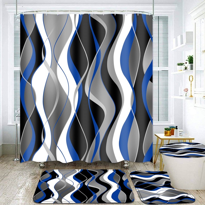 Nkzply 4 Pcs Blue Shower Curtain Black Bathroom Sets with