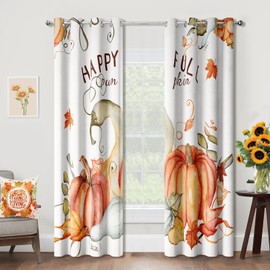 Djoymock Fall Thanksgiving White Blackout Curtains Drapes for Living Room Bedroom Kids Nursery Leaves Pumpkin Pattern Thermal Insulated Grommet Window Curtains 84 inch Length 2 Panels Set