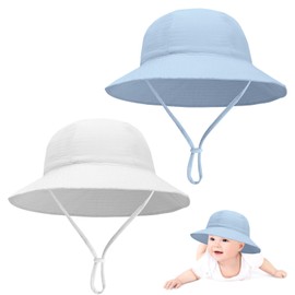 2PCS Baby Sun Hat UPF 50 Plus Adjustable 3-12 Months Lightweight Bucket Hat Foldable Cap for Outdoor Use,Kids Summer Protection (UK, Alpha, One Size, Baby, White + Blue)