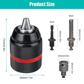 SDS Metal Keyless Chuck Adapter Hexagonal Span Width: 1.5-13 mm, Drill Chuck Internal Thread: 1/2 Inch - 20 UNF, SDS Drill Chuck Outer Diameter: 42.9 mm, for Hand Drills (1)