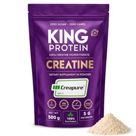KING Protein Creatina Monohidratada 100% Pura Sin Sabor | 5g por porción | Vegana y sin azúcar | Polvo de Creatina Monohidratada Creapure® con scoop incluido | Bolsa de 500g, 100 porciones