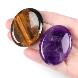 Thumb Worry Stone for Anxiety Healing Crystals Sets 2PCS Tiger Eyes Amethyst Hand Carved Stones Gemstone Pocket Natural Stone Meditation Reiki Oval Shaped Palm Stone Therapy