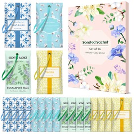DERDUFT Scented Sachets for Wardrobe & Drawer Use - 16 Pack Hanging Fragrance Aroma Bags in 4 Scents, Eucalyptus Sage, Vanilla, Cotton, Linen, Long-Lasting Natural Scent for Closet, Cupboard, Home