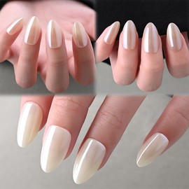 Press on Nails Short Almond - White Nude Beige Chrome Glazed Glossy Press on Nail Tips Glue On Nails with Nail Glue, Reusable Stick On Nails in 15 Sizes - 90 Full Cover Acrylic Soft Gel Fake Nails Kit