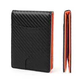 MUXILING Slim Wallets for Men Leather Money Clip RFID Blocking Mens Wallet Minimalist Front Pocket Credit Card Holder Thin Wallets for Men,Black Orange