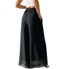 Yehopere Palazzo Pants for Women Dressy Flowy Chiffon Double Layers Summer Boho Wide Leg Casual Lounge Pants Trouser Black