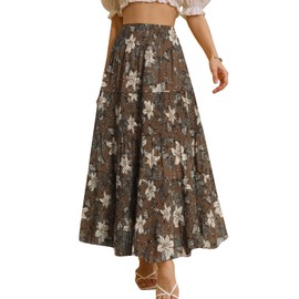 Genfien Women Skirts Elastic High Waist Maxi Chiffon Skirts for Women with Lining Summer Vintage Long Elegant A-Line Beach Skirt Coffee