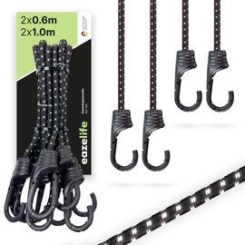 Set of 4 Elastic Bands with Steel Core Hooks, 2 x 60 cm and 2 x 100 cm, Reflective, Heavy Duty, Metal Hooks with Coating Against Scratches, Black Expander for Car, Bicycle and Outdoor Use
